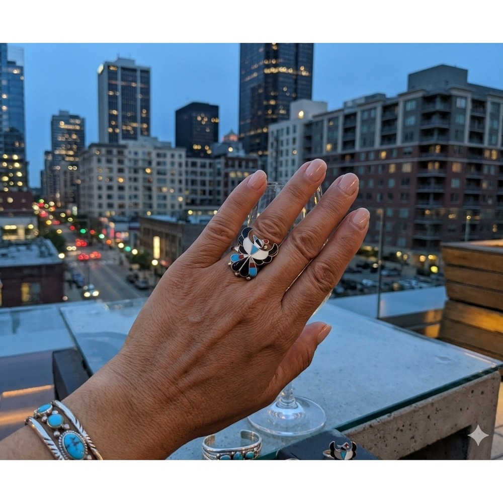 Handmade Zuni Ring Size 7.75US - Thunderbird Women's Southwest Jewelry Signed * - Picture 4 of 7